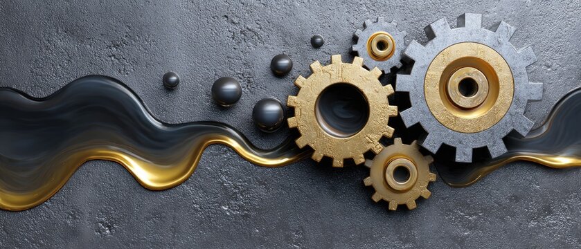 metallic gears mechanical lubrication concept. Industrial gears with flowing liquid on a textured background.