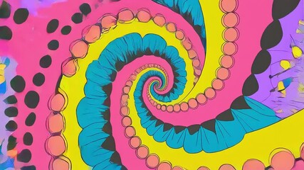 A funky, psychedelic cartoon spiral in bright pop art colors spins endlessly, creating a hypnotic, retro animation - Powered by Adobe