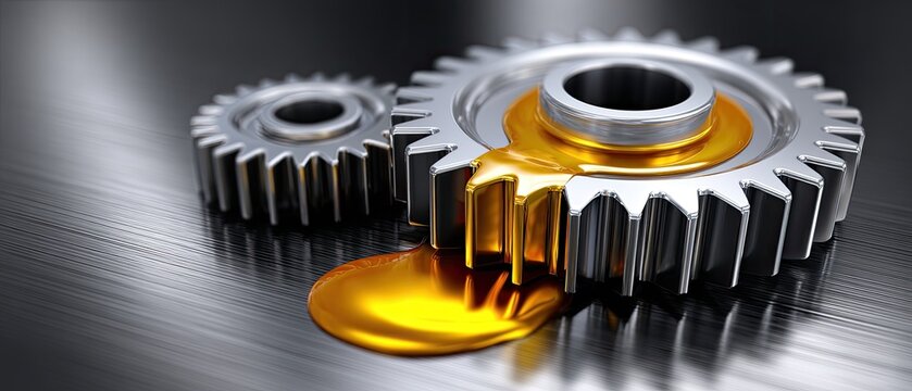 metallic gears mechanical lubrication concept. Shiny gears with oil on a metallic surface, symbolizing machinery and engineering.