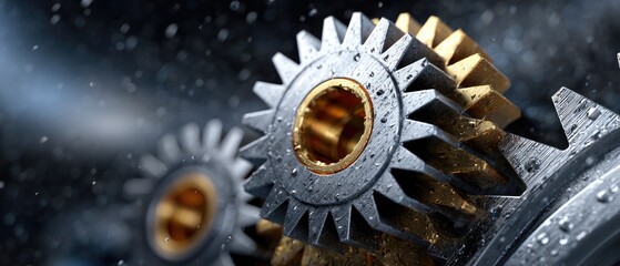 metallic gears mechanical lubrication concept. Close-up of metallic gears with a blurred, textured background.
