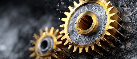metallic gears mechanical lubrication concept. Close-up of metallic gears in motion, glimmering with water droplets.