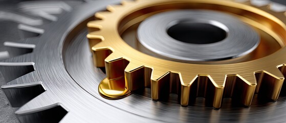 metallic gears mechanical lubrication concept. Close-up of metallic gears with gold and silver textures, showcasing intricate mechanical design.