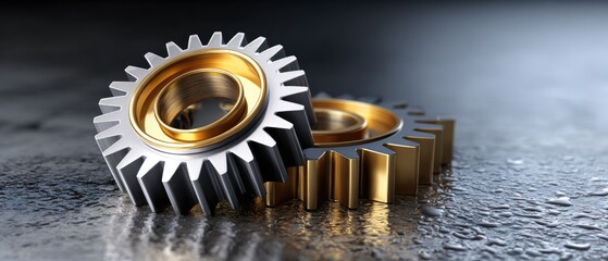 metallic gears mechanical lubrication concept. Two interlocking metal gears on a reflective surface with a focus on details and textures.