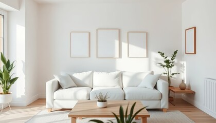 Interior of a minimalist living room with a white sofa