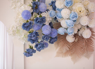 White and blue flowers on a white background