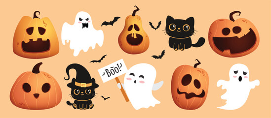 Halloween characters clipart set. Pumpkins, ghost and cat character clip art in cute, scary, spooky and skittish facial expression collection vector illustration. 
