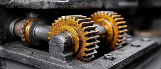 metallic gears mechanical lubrication concept. Close-up of rusty gears with intricate details and a weathered appearance.