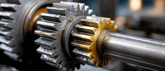 metallic gears mechanical lubrication concept. Close-up of interlocking metal gears with a rugged surface.