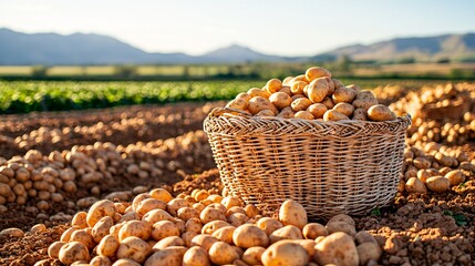 potato harvest in a sprawling rural field at golden hour, freshly dug potatoes scattered over rich brown soil, rustic woven baskets filled with produce, soft natural shadows, vibrant green rows