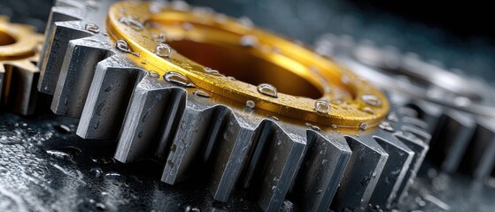 metallic gears mechanical lubrication concept. Close-up of metallic gears with a golden gear and droplets of water on a dark surface.