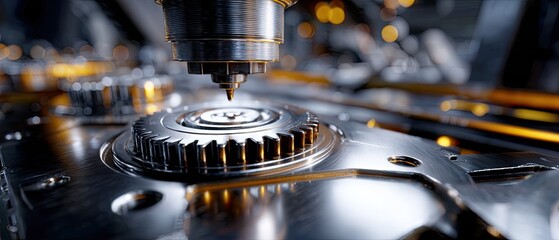 metallic gears mechanical lubrication concept. High-tech machine tool in action, focusing on precision manufacturing and intricate details.