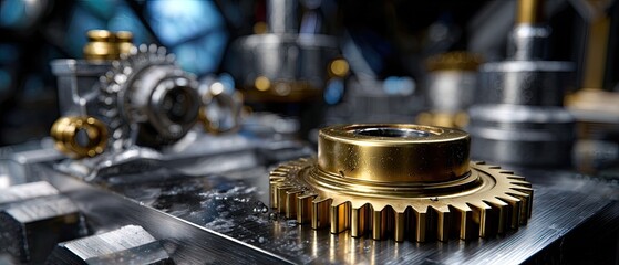metallic gears mechanical lubrication concept. Close-up of intricate metallic gears with a blurred industrial background.