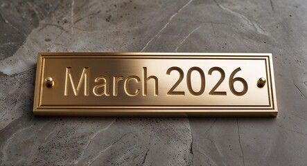 march 2026 engraved text lettering on gold name plate sign