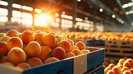 box of peaches framed by radiant soft light with shallow depth of field, calm color transitions between red-orange tones, high clarity foreground