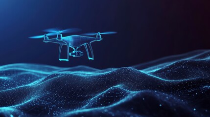 Futuristic drone flying over a digital landscape.