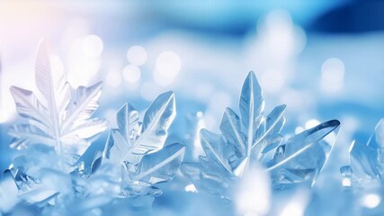 Beautiful icy snowflakes crystalizing in a blurred blue and white winter landscape, frosty cold shapes with a dreamy aesthetic, macro photography - Powered by Adobe
