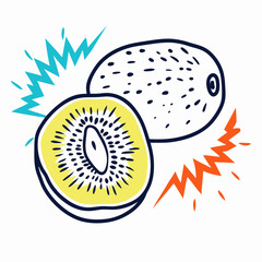 Hand-drawn Kiwi Fruit Illustration: Whole & Halved
