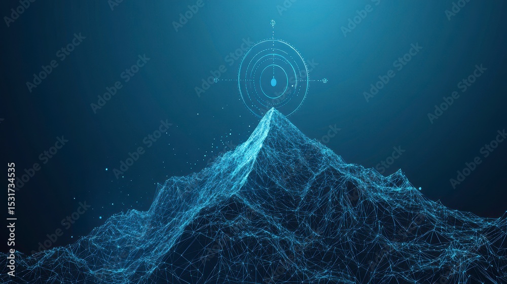 Poster abstract digital mountain peak with compass navigation concept.