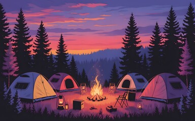 Camping scene with tents and bonfire under a vivid sunset sky in the forest