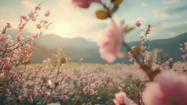 Blossoming Peach Flowers in Meadow Landscape with Mountain Backdrop