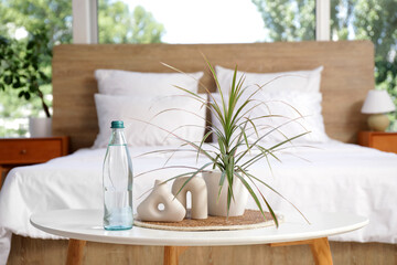 Bottle of water with decor and plant on table in bedroom