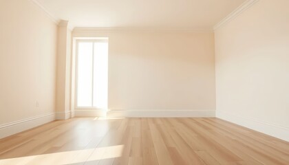 Empty room with light beige walls and light wood flooring