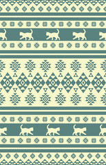 Vector seamless pattern with cat silhouettes and tribal geometric motifs. Monochrome design. Use this pattern for creating pet themed designs, textile prints, packaging, and more. Perfect for cat love