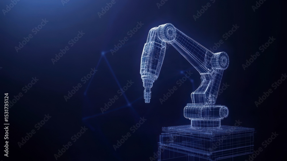 Poster wireframe robotic arm on dark background.