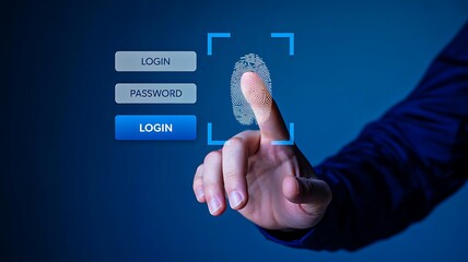 Fingerprint login interface on blue screen with biometric security authentication concept
