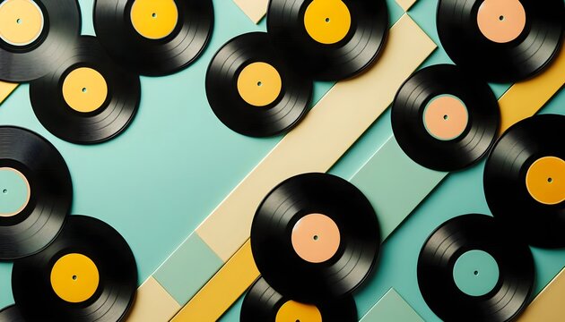 Vinyl records in trendy pattern over pastel mint with retro aesthetic and angled empty area for text