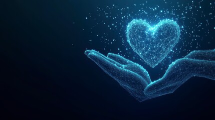 Glowing polygonal heart held in hands, digital art.