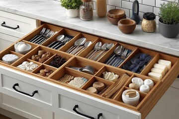 Kitchen cutlery arranged in bamboo tray high resolution picture
