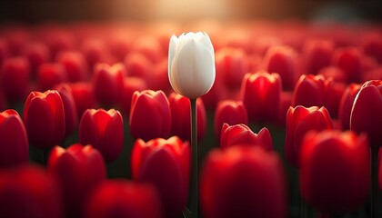 Single white tulip standing out boldly among blooming red flowers under soft daylight in lush garden