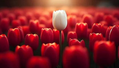 Papier peint photo Bordeaux Single white tulip standing out boldly among blooming red flowers under soft daylight in lush garden  © Akram