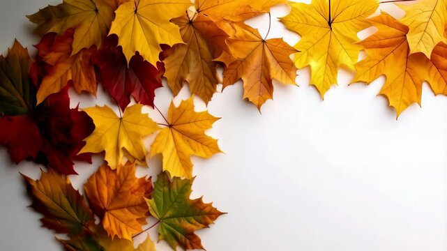 Colorful maple leaves border, isolated on a plain white backdrop, seasonal design resource, autumnal vibrant foliage arrangement