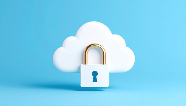 Cloud storage concept with a white cloud and a padlock symbolizing security and privacy in digital data management - Powered by Adobe