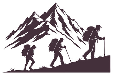 Silhouette of hikers climbing a mountain with backpacks and trekking poles