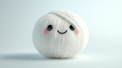Cute Smiling White Yarn Ball with Cheerful Expression on Light Background. Smiling white yarn ball with a happy expression and rosy cheeks, showing cuteness and creativity. 