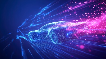 Futuristic car speeding, light trails, glowing particles, polygonal design.