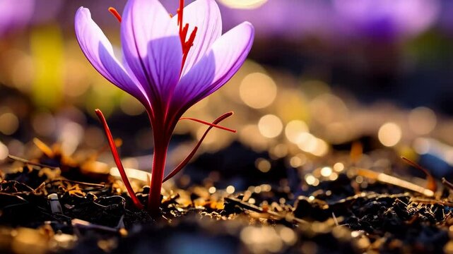 Single purple crocus flower blooms with red pistils growing in soil in sunlight, with blurred bokeh in background