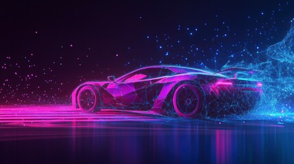 Futuristic sports car rendered in vibrant neon light trails.