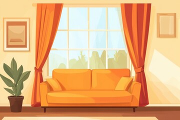Cartoon interior scene with orange sofa, curtains, and plant