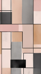 Minimalist grid of painted rectangles in soft ochre, pale pink, and charcoal, with visible canvas texture and hand-painted imperfections.


