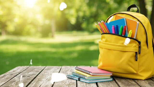 Yellow backpack filled with school supplies on wooden table outdoors