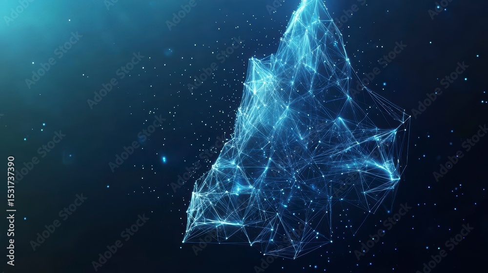 Poster Abstract blue digital structure, glowing lines and dots forming a geometric shape in dark space.