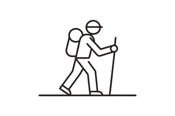 Minimalist line art illustration of a hiker with backpack and stick