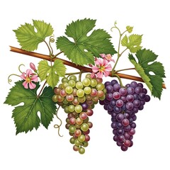 Fototapeta premium Detailed drawing of Vitis vinifera grapevine with green, purple, and red grapes on leafy branch