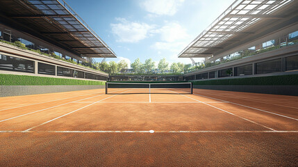 Tennis Court with Scenic Background. A scenic outdoor tennis court set amidst lush greenery and rolling hills, ideal for sports and leisure promotions.
