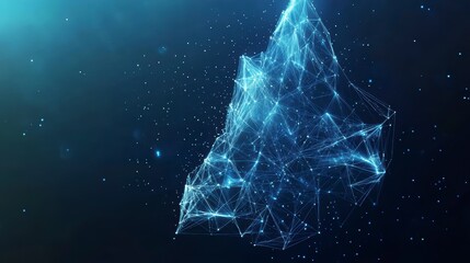 Abstract blue digital structure, glowing lines and dots forming a geometric shape in dark space.