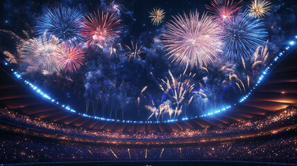 Fireworks Display Over Stadium. Vibrant fireworks illuminate the night sky above a stadium, ideal for celebration and event promotion visuals.